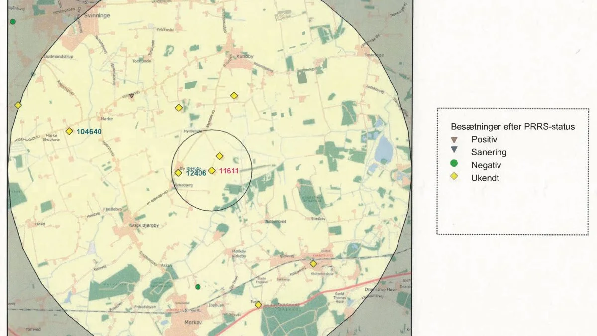 Dette GIS-kort (Geografisk InformationsSystem, red.) viser risikoen for smitte med PRRS og AP2. Michael Bosebjergs besætning med 1.100 søer er placeret i kortets centrum, hvor den nære zone omkring gården har en diameter på to kilometer, og den store zone har en diameter på 10 kilometer. Kilde: Landbrug & Fødevarer 