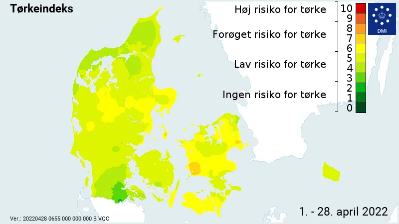 Som sædvanligt er Vestsjælland et af de mest nedbørsfattige områder i øjeblikket, som det ses på Tørkeindekset fra DMI for april.