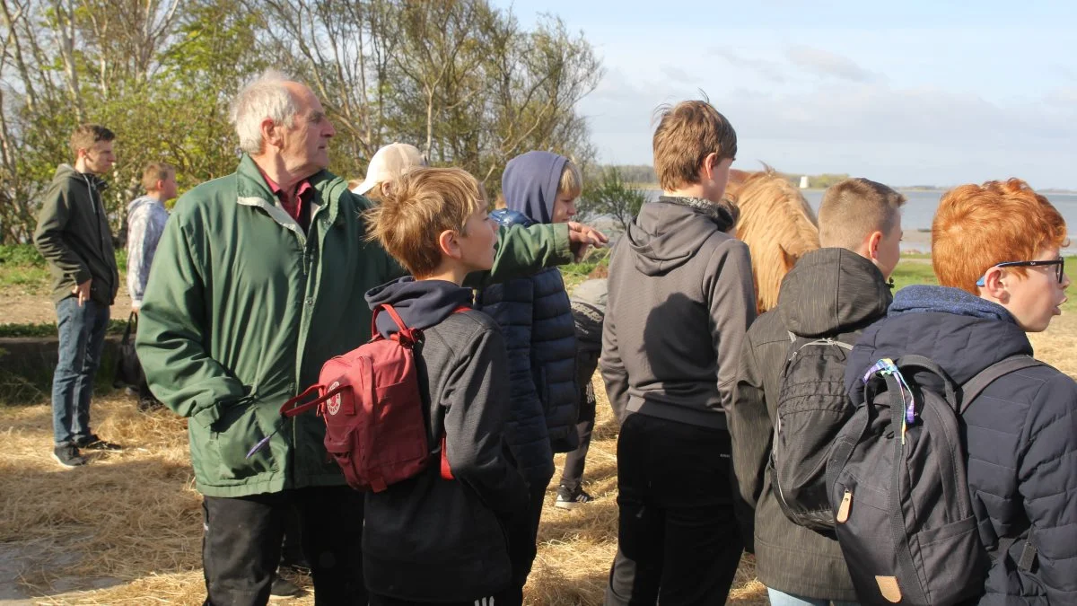Jørgen Rasmussen forklarede gerne de interesserede skoleelever hvordan han stadig bruger de jyske heste til at pløje jorden.