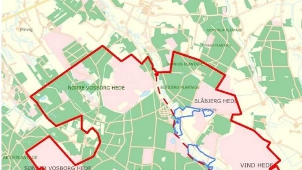 Kort over forslaget til Stråsø Plantage som naturnationalpark. Det strækker sig over 3.500 hektar. Foto: Miljøministeriet
