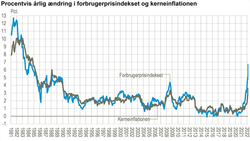 Tal fra Danmarks Statistik viser, at det samlede forbrugerprisindeks i april måned var steget med 6,7 procent i forhold til samme tidspunkt sidste år. Det er den højeste årsstigning i forbrugerprisindekset siden juni 1984. Kilde: Danmarks Statistik