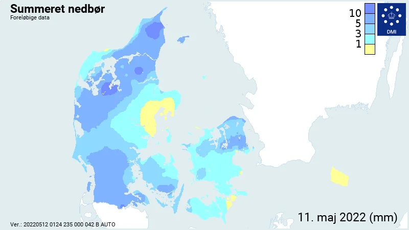 Summeret nedbør fra onsdag den 11. maj. Kilde: DMI