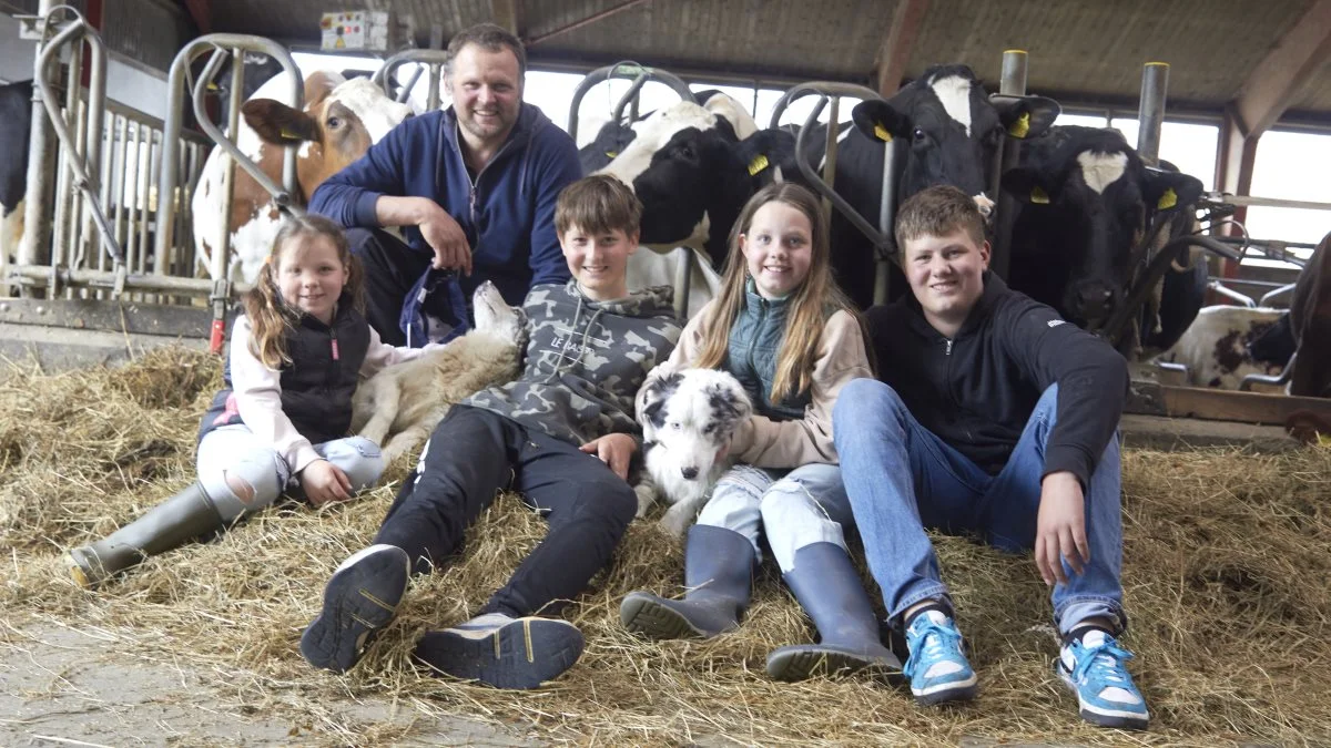 Veerbeek Holsteins er klar til dyrskue. Her ses mælkeproducent Edwin Veerbeek med fire af sine fem børn. Fra venstre; Rimke, Finn, Wieteke og Storm. Fotos: Tenna Bang