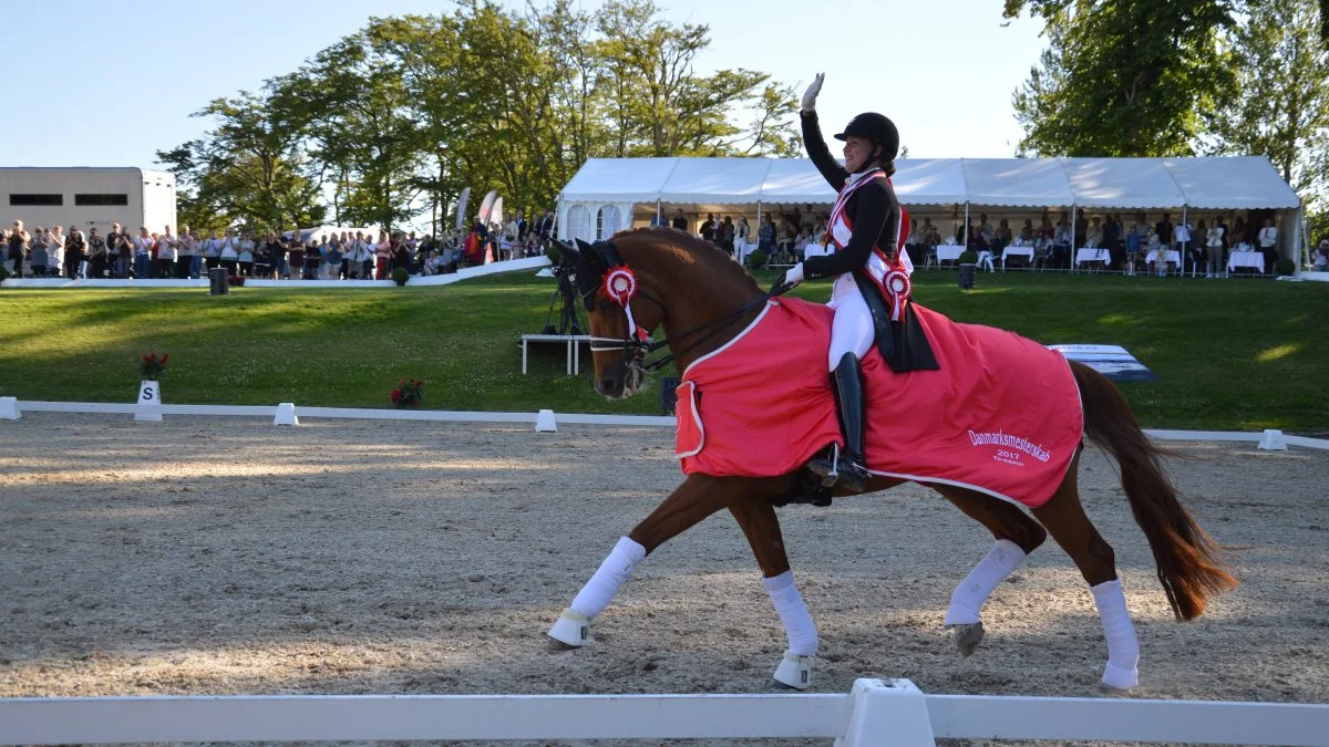Danmarksmesterskaberne i dressur afholdes igen i år i rammerne hos Helgstrand Event. Det sker her fra den 2.-5. juni. Billedet er fra 2017, hvor Cathrine Dufour og Atterupgaards Cassidy vandt mesterskabet for seniorer, da stævnet blev afholdt på Broholm. Arkivfoto: Camilla Bønløkke