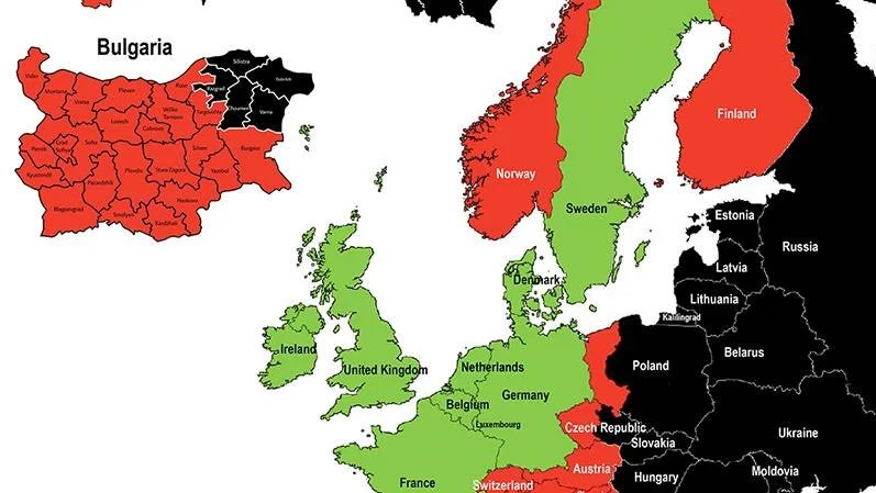 Udbredelse af afrikansk svinepest i Europa 22. august 2018. De sorte zoner er områder med aktuelle udbrud af afrikansk svinepest eller stærkt forhøjet risiko for udbrud. Røde områder er forhøjet risiko, mens grønne områder er lavrisikoområder. Figur: Seges Svineproduktion