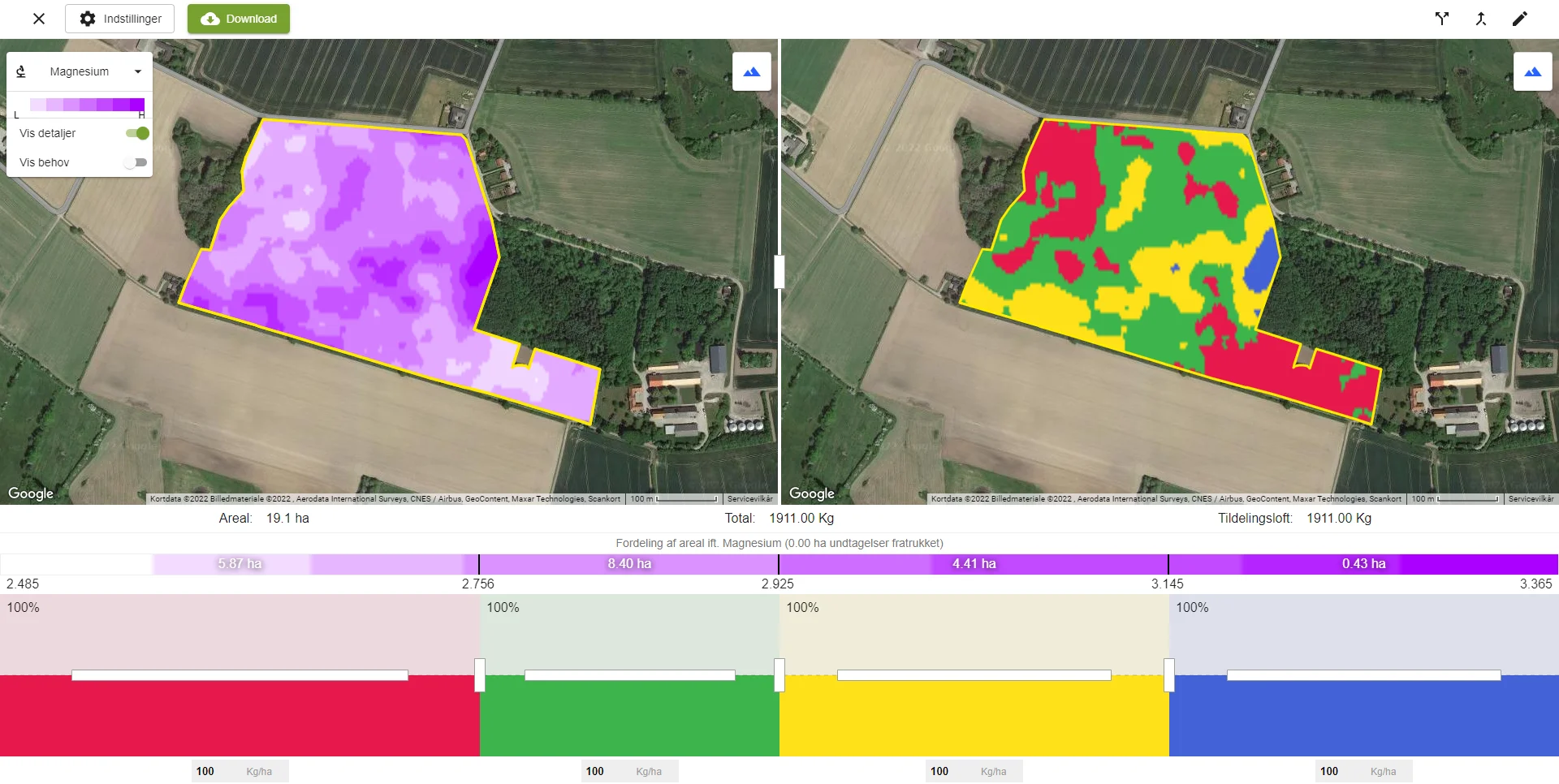 Skærmbillede af SoilOptix med magnesium-niveauerne i en rapsmark på Priorskov Gods. Kilde: Danish Agro