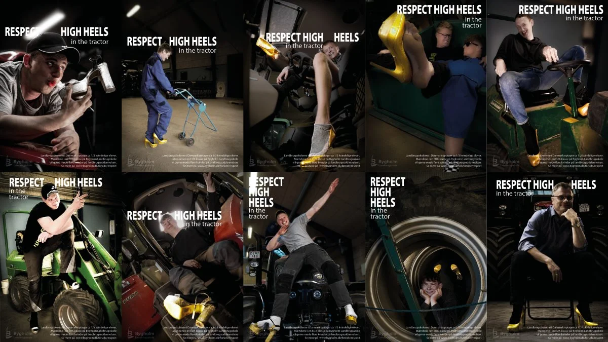 Kampagnen, hvor EUX-elever lader sig fotografere i høje hæle, er inspireret af skofirmaet Roccamores kampagne for at få flere kvinder ind i bestyrelser. Fotocollage: Bygholm Landbrugsskole