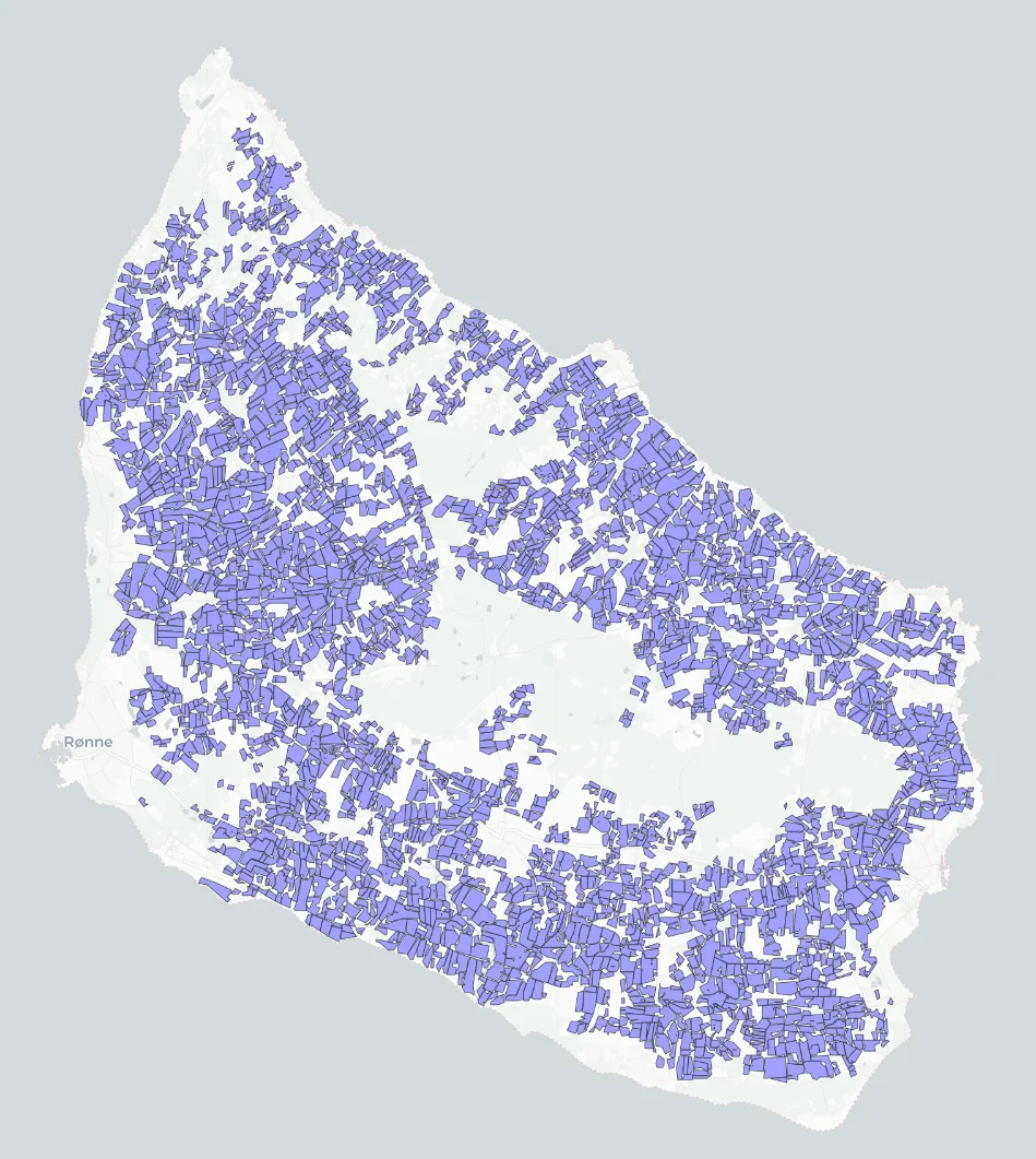 Teknologisk Institut har simuleret kørslen på 2.971 bornholmske marker. Kort: Teknologisk Institut