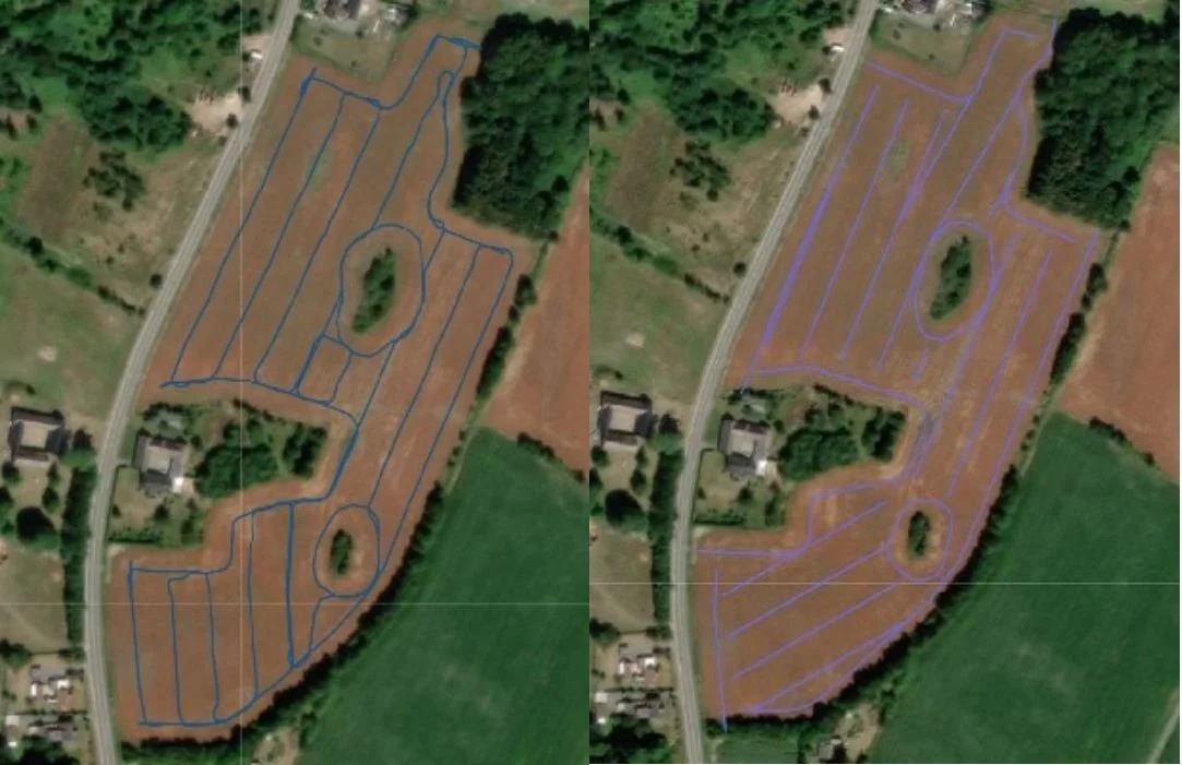 Kørslen i marken uden RTK-GPS og sektionskontrol (billedet til venstre) har resulteret i et overlap på 11,8 procent. Simuleringen til højre viser, at overlappet kunne reduceres til 3,7 procent, hvis præcisionsteknologierne blev anvendt. Kilde: Teknologisk Institut