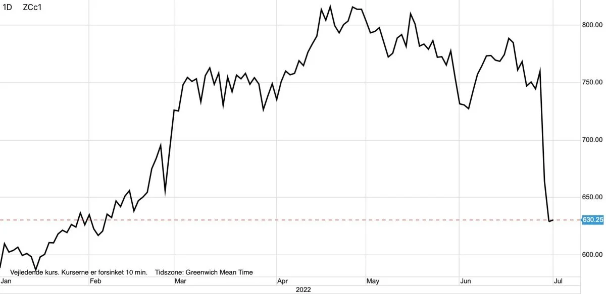 CBOT-majs i US-cent pr. bushel
Priserne for afgrøder presses i de her dage. Det være sig i særdeleshed prisen for majs på børsen i Chicago, der sætter sig markant. Nedturen bakkes op af denne måneds rapport fra det amerikanske landbrugsministerium over landets kvartalslagre, der var til den prissvage side. 