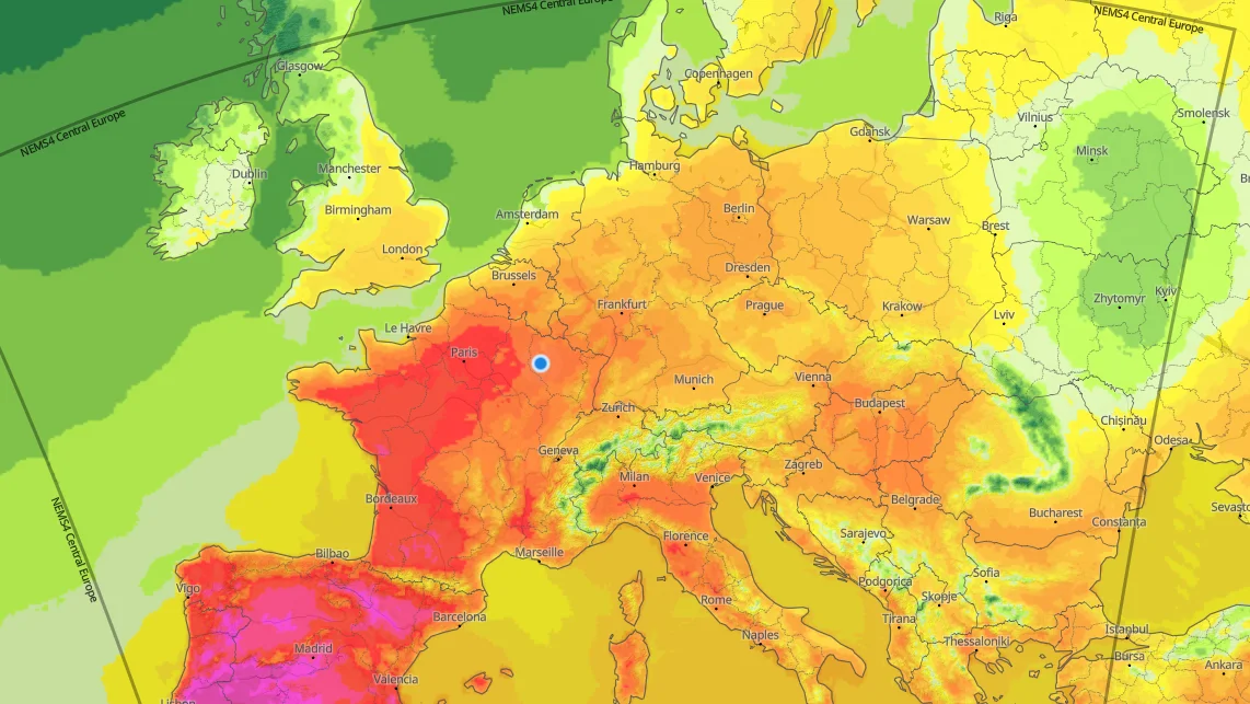 Der varsles om høje temperaturer i Europa. Fødevarestyrelsen opfordrer transportører til at tjekke de varslede temperaturer for ruten, inden de planlægger transporten af dyr sydover. Foto: Meteoblue.com