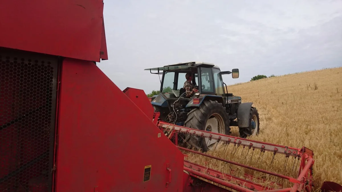 Moselund Økologi og Agerbrug høster for tiden omkring 5,5 tons vårbyg med sin 8½ fod bugserede Deutz-Fahr M66TS fra 1986. Privatfoto