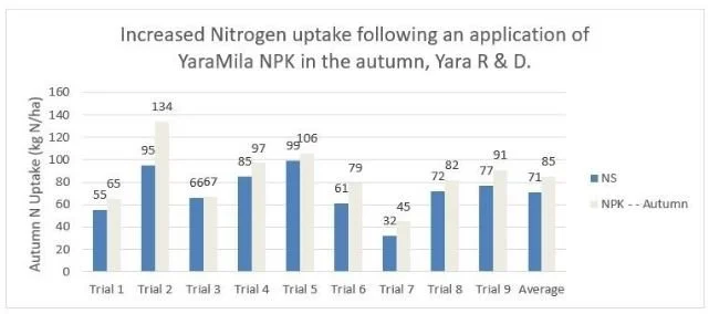 Yara har udført forsøg i England, hvor man har sammenlignet tilførsel af NPK- (grå søjler) med tilførsel af NS-gødning (blå søjler) i efteråret. Og de viser et kvælstofoptag i efteråret, som er 20 procent højere, hvor NPK-gødning er anvendt. Kilde: Yara