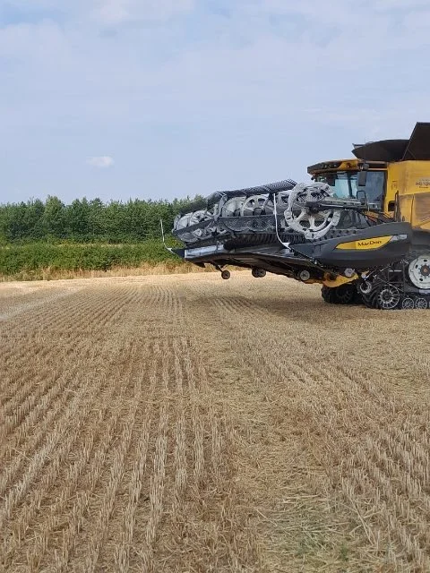 Den gamle Claas-mejetærsker havde et traditionelt skærebord, som kunne være noget af en udfordring i det kuperede terræn på halvøen Sundeved ved Aabenraa Fjord. Derfor havde Jens Pedersen set rigtigt meget frem til hans nye MacDon-flexskærebord. Privatfoto