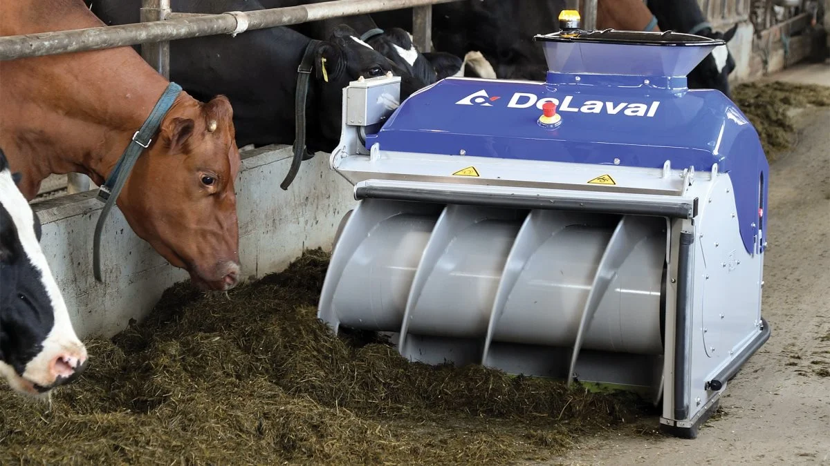 DeLaval OptiDuo sørger for, at køer altid har adgang til frisk foder. Teknologien blander foderet, før det bliver flyttet på foderbordet. Foto: DeLaval