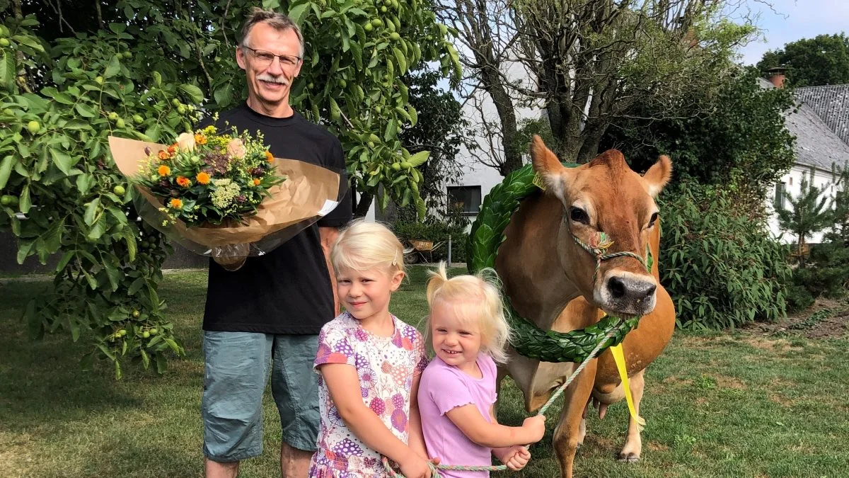 I haven på Bangsbo i Husby fik børnebørnene Karla (tv) og Vilde lov til at holde Anders Peter Bangs ko nr. 1637, da den blev hædret for at runde 10.000 kg værdistof. Foto: Søren Kjær Johannesen, Viking Danmark

