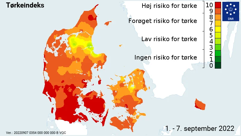 Tørken er her onsdag den 7. september værst i det sydøstlige. Kilde: DMI
