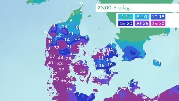 Heldigvis tyder DMI's prognose på, at netop de mest tørkeplagede områder får det meste regn frem mod fredag aften. Kilde: DMI