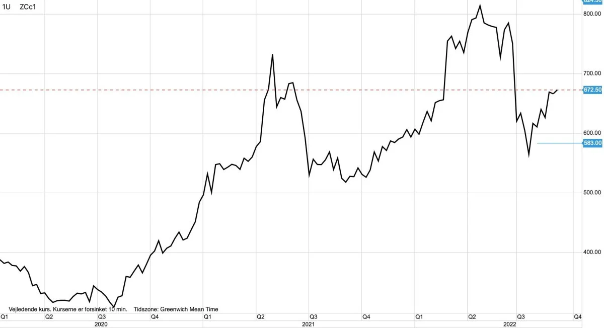 CBOT-majs i US-cent pr. bushel

Prisen for majs på afgrødebørsen i Chicago har taget et pænt ryk op siden juli måned. Men det er yderst tvivlsomt, hvorvidt opturen vil fortsætte.
