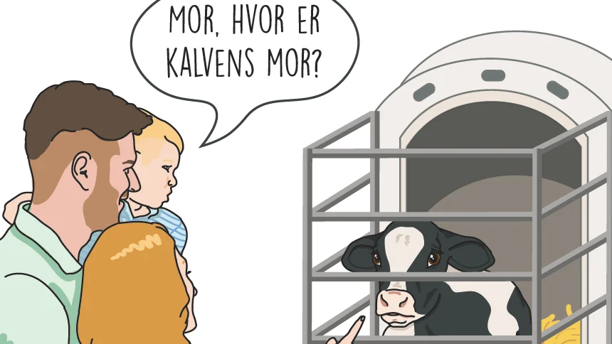 Anima indrykkede fredag en annonce i Avisen Danmark med denne tegning og en guide til kritiske spørgsmål, som den besøgende kan stille til folkene på gården på søndag. 