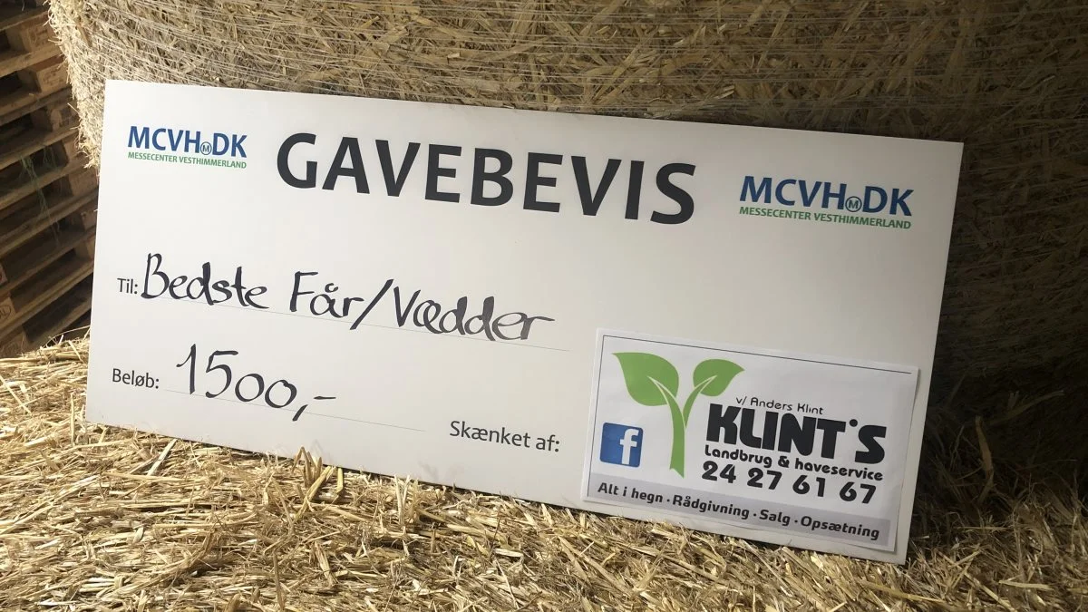 Skuets bedste får/vædder får 1.500 kroner, skænket af Klint´s Landbrug & Haveservice.