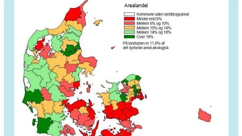 Billedtekst
Den gennemsnitlige økologiandel varierer mellem kommuner. Den gule farve indikerer, at økologiandelen i den enkelte kommune er omtrentligt på niveau med økologiandelen på landsplan på 11,8 procent.
Kilde: Statistik over økologiske jordbrugsbedrifter 2021 (Landbrugsstyrelsen).


