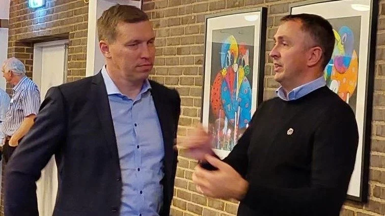 Poul Jacob Bønløkke, (th), og formand i Landbrug & Fødevarer, Søren Søndergaard, i forbindelse med konferencen forleden, hvor de begge var blandt indlægsholderne.