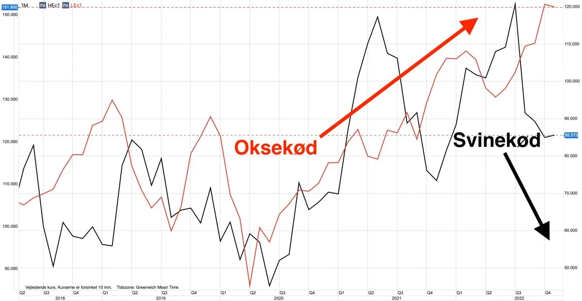Ugegraf: CME Oksekød vs. Svinekød i US-cent pr. pund

Prisen for oksekød i USA er strøget i vejret siden den russiske invasion af Ukraine først på året. Det er prisen for svinekød derimod ikke i USA. Tværtimod er det gået kraftigt ned for svineprisen.
