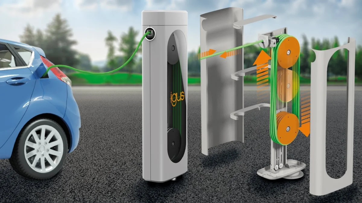 En ryddelig wallbox: e-tract 2.0 systemet fra igus beskytter kablerne og gør det nemt at rulle kablerne ind og ud. (Kilde: igus GmbH)