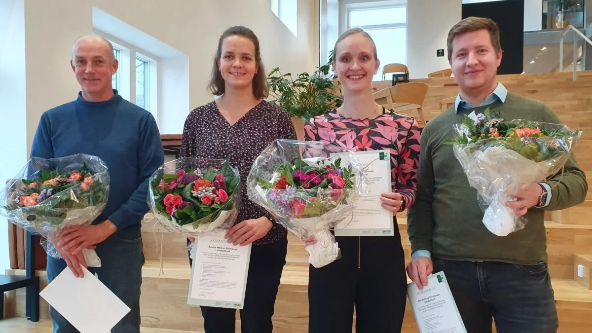 Fra venstre er det planteavlskonsulent Jens Lyhne Kristiansen, kvægrådgiver Amalie Helene Bonnerup, griserådgiver Nina Roland Simonsen og planteavlskonsulent Emil Bollerup Christensen. Foto: LandboNord