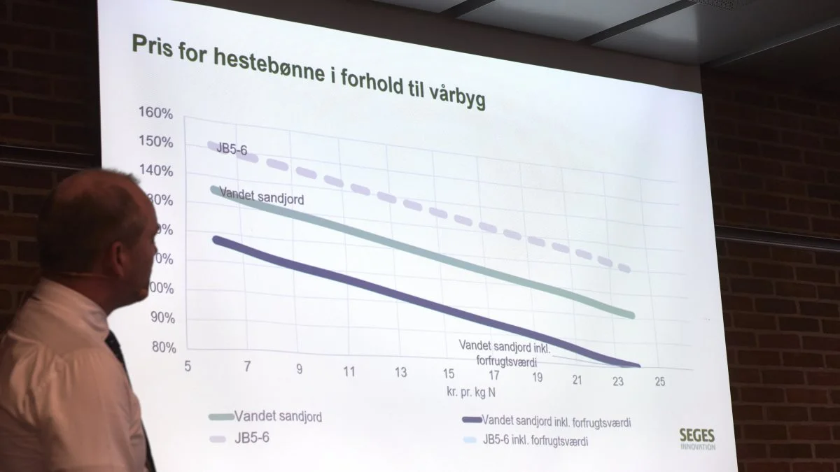 Skemaet viser prisen for hestebønner procentvis i forhold til vårbyg, og i forhold til prisen for kg N (vandret).