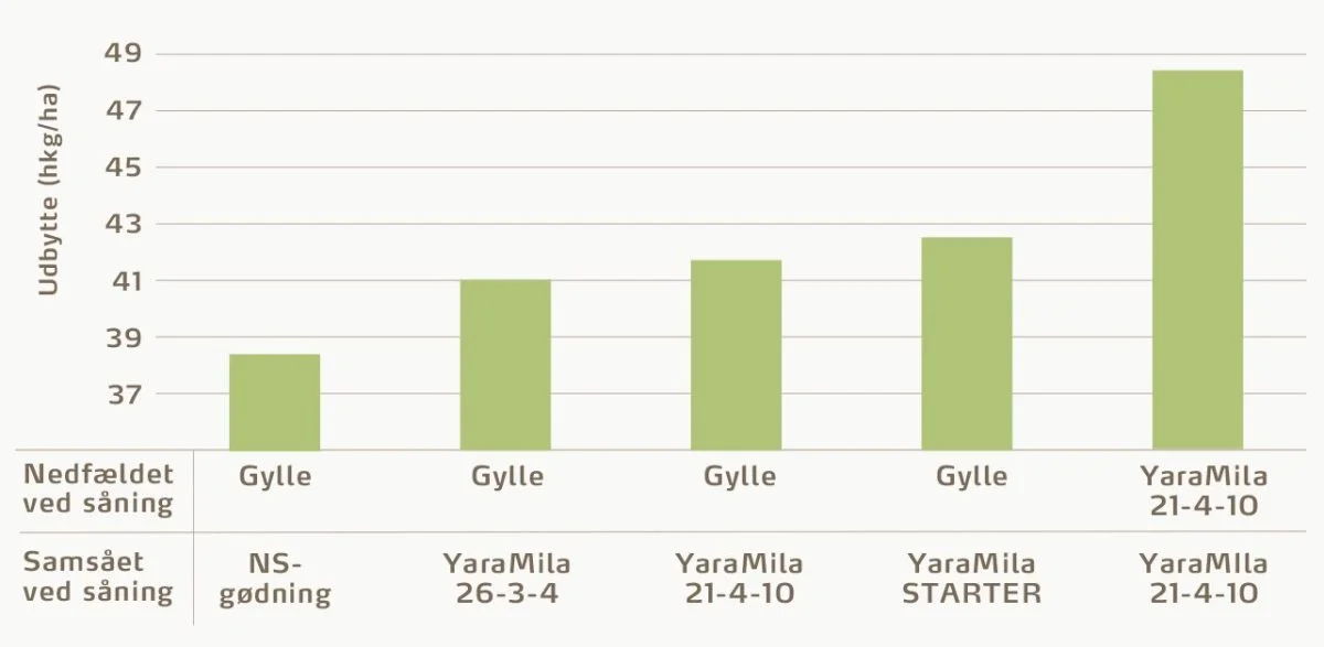 Figur 1. Stigende P- og K-mængder til gyllegødet vårbyg. De første fire forsøgsbehandlinger er tilføret 24 kg P og 58 kg K pr. hektar nedfældet via gylle. Ved såning er der samsået hhv. NS-gødning og YaraMila (NPK), så der tilføres fra 0-13 kg P og 0-30 kg K pr. hektar ved såning. Det sidste forsøgsled er tilført YaraMila nedharvet før såning og samsået ved såning. Alle forsøgsbehandlinger er tilført 125 kg N. Forsøgsled med gylle er tilført 75 kg N i gylle. Landsforsøg 2021 – et forsøg.