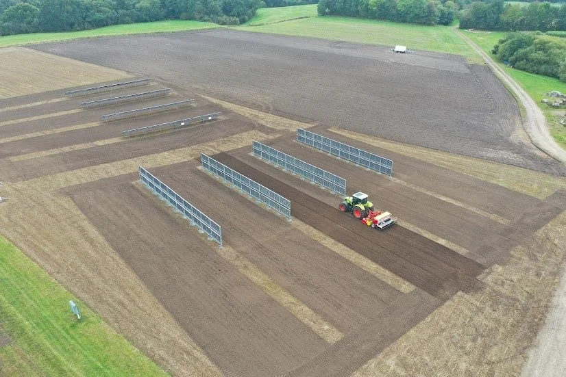 På dette dronefoto ses det skråtstillede solpaneler, der er orienteret direkte mod syd og de lodretstillede solceller, der står nord/syd. I begge tilfælde dyrkes afgrøder imellem rækkerne og i begge tilfælde er der et referenceareal i forlængelse af solcellearealet. Foto: Jens Bonderup Kjeldsen
