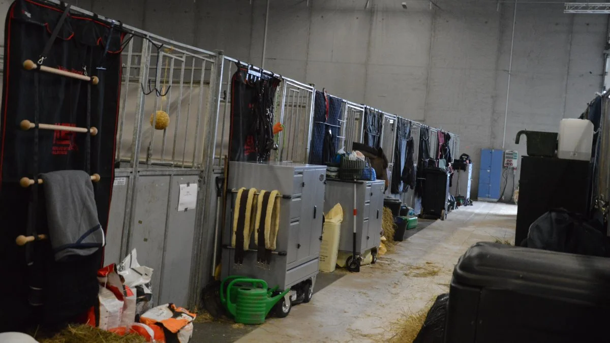 De mange deltagende heste og ponyer blev både indkvarteret udenfor hallerne og indenfor i hallen ved opvarmningsbanerne.