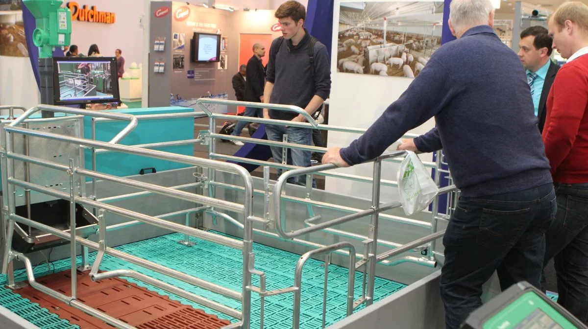 Tilskudsordningen skal blandt forbedre dyrevelfærden i svineproduktionen ved at  fremme opførelse af farestier til løsgående, diegivende søer som den her på Europas største husdyrmesse, EuroTier, i Hannover i 2014. I Tyskland skal alle søer per lov være løsgående fra 2036. Foto: Anne Wolfenberg