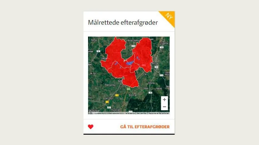 Dette er et eksempel fra Landmand.dk, hvor man skal finde en boks, hvor der står »Målrettede efterafgrøder«. - Når du trykker på den, vil du se dine marker og beregning af dit minimumsbidrag til de frivillige målrettede efterafgrøder, skriver Seges Innovation. 