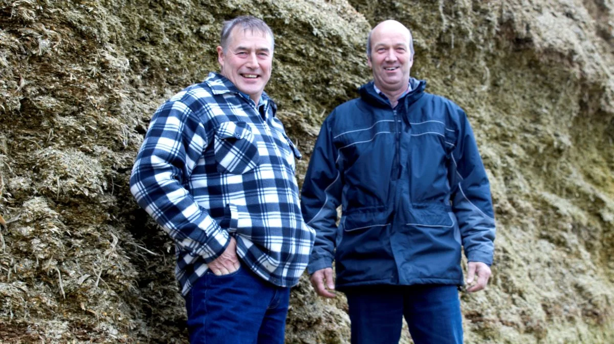 Mælkeproducent Kurt Jensen (tv.), Himmerland, og kvægbrugskonsulent Knud R. Jensen. Arkivfoto