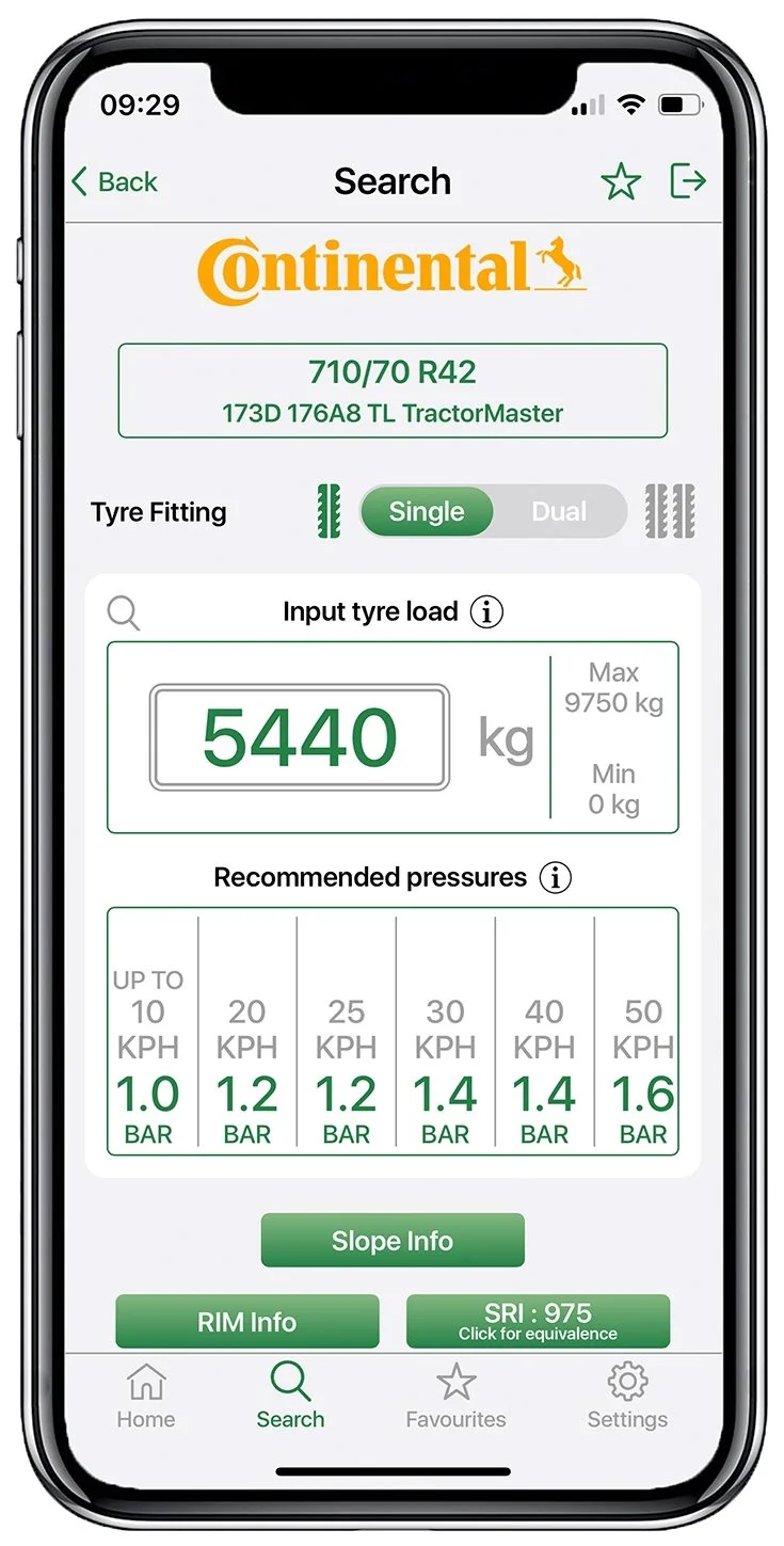 Continental nye Agro Tyre Pressure-app er i stand til at generere og kombinere alle data fra hver enkelt dækproducent som dæktryk, belastning, hastighedstabeller med videre.
