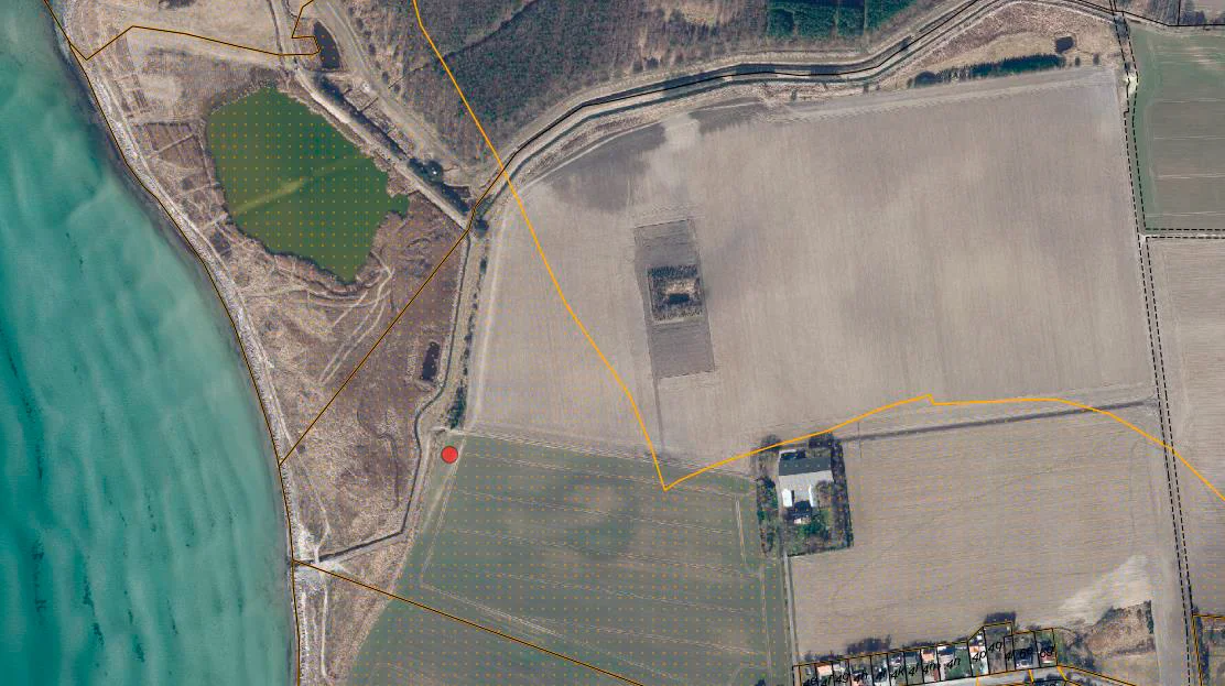 Den røde prik viser området, hvor minivådområdet ønskes etableret. Den orange prikkede markering viser det strandbeskyttede areal. De sorte streger markerer de vejledende matrikelskel. Foto: Kystdirektoratet
