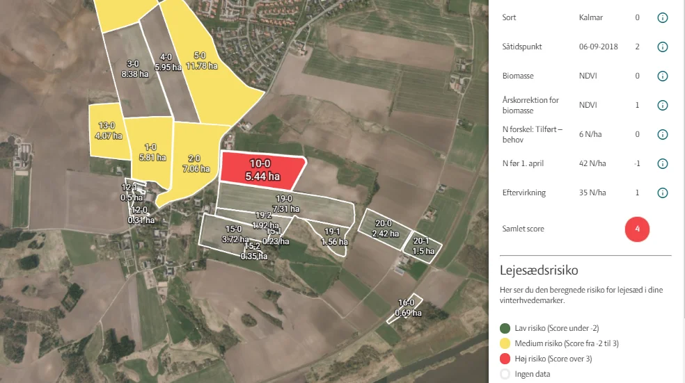 CropManagers vækstreguleringsprognose giver landmanden en oversigt over sine vintersædsmarker med grønne, gule eller røde marker, der angiver risikoen for lejesæd i hver enkelt mark. Foto: Seges Innovation