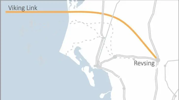 Selvom størstedelen af Viking Link-kablet kommer til at gå under vand, vil det også være synligt i Sønderjylland. Kort: Energinet