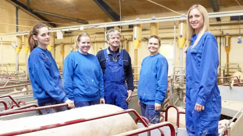 Svineproducent Gunner Mikkelsens grise er startet på foderkonceptet PrimeFeed fra DLG i stalden i Øsløs. En stor del af konceptet er rådgivning af produktkonsulent Mette Albertsen (th), DLG Nordjylland. Hun vejleder og følger op på, at foderet bliver en succes i stalden, derfor er hun også af og til med i stalden sammen med nogle af de ansatte, Maria Jørgensen (tv), Thea Mikkelsen og Viktoriia Chvinukha.