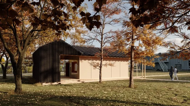 Hampens Hus opføres i Nykøbing Falster, og giver mulighed for at teste hamp og afprøve nye typer af byggematerialer. Visualisering: Zanstudio v/nikolova/aarsø