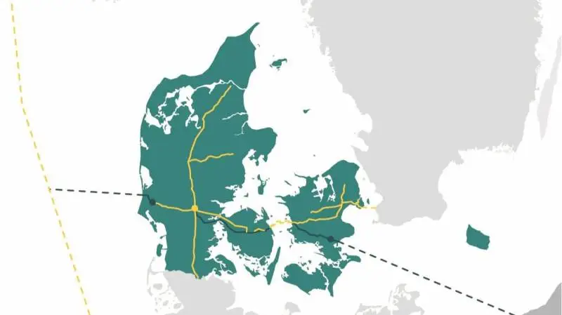 Linjeføring for Baltic Pipe, februar 2019. Gasledningen skal bruges til at transportere gas fra Norge til Polen via Danmark. Kilde: Energinet
