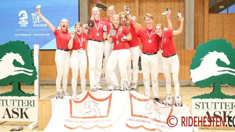 De tre dages mesterskaber sluttede lørdag den 6. juli, da Dansk Varmblods junior-team vandt guld med følgende ungavlere på holdet: Astrid Østergaard Sørensen, Anne-Sofie Wowk Jepsen, Anine Parslov Vogelsang og Karoline Øskov Olesen. Det er første gang Dansk Varmblod vinder guldmedalje i konkurrencen forbundene imellem, selvom de danske deltagere har vundet mange individuelle medaljer gennem årene. På billedet ses også de unge seniordeltagere. Foto: Ridehesten