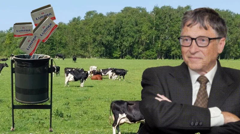 Nogle forbrugere er gået så langt som til at vise billeder og video af, at de hælder mælk ud og smider Lurpak-smør i skraldespanden. Andre brugere mener, at Bill Gates skulle stå bag udviklingen af Bovaer. Illustration: Effektivt Landbrug