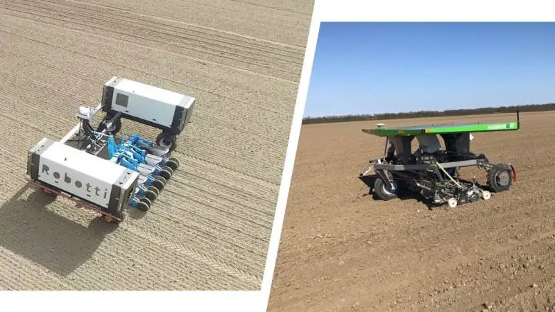 I 2019 testes to robotter – Agrointelli Robotti (til venstre) i et konventionelt system og Farmdroid i økologiske marker.