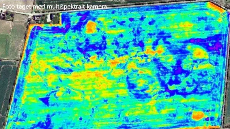 Gennem analyse af billeder fra et såkaldt multispektralt kamera kan specialisterne tydeligt lokalisere karakteristiske drænlinjer i markfladen og derved se, hvor drænene er.