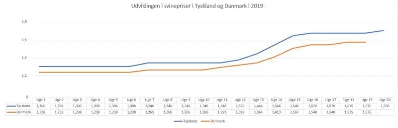Noteringen i Danmark og Tyskland har fulgtes pænt ad i 2019, men de danske priser har dermed ikke hentet afgørende ind på noteringen syd for grænsen. Kilde: Danske Svineproducenter