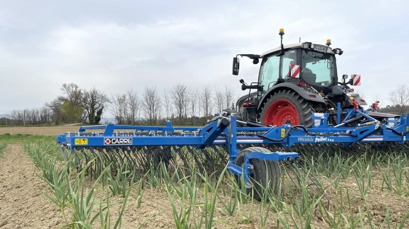 Der er Fendt-traktorer og masser af redskaber i marken ved Skanderborg. Blandt andet denne strigle fra Carré. Pressefoto